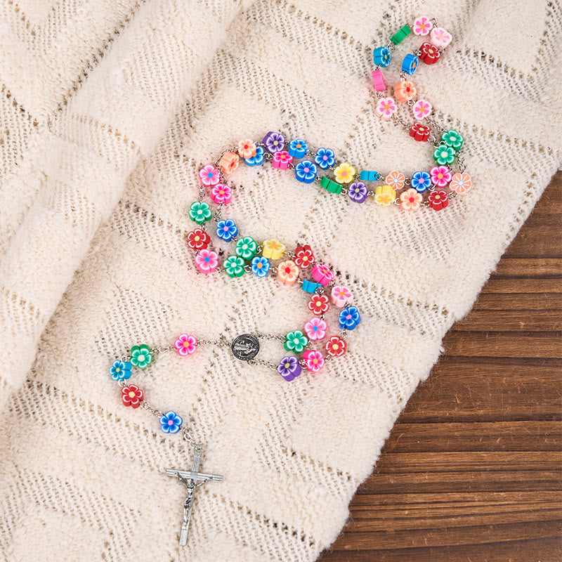 Christianartworkshop St. Benedict Medal & Crucifix of 8 mm Flower Multicolor Polymer Clay Alloy Chain Rosary