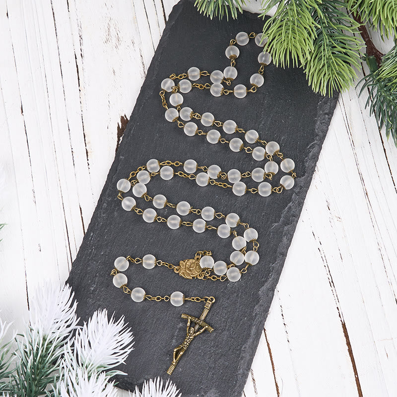 Christianartworkshop Rose & Crucifix of 8 mm Round Clear Glass Alloy Chain Rosary