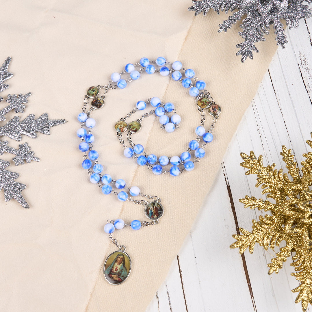 Christianartworkshop Seven Sorrow of 8 mm Round Blue/Green Acrylic Alloy Chain Rosary