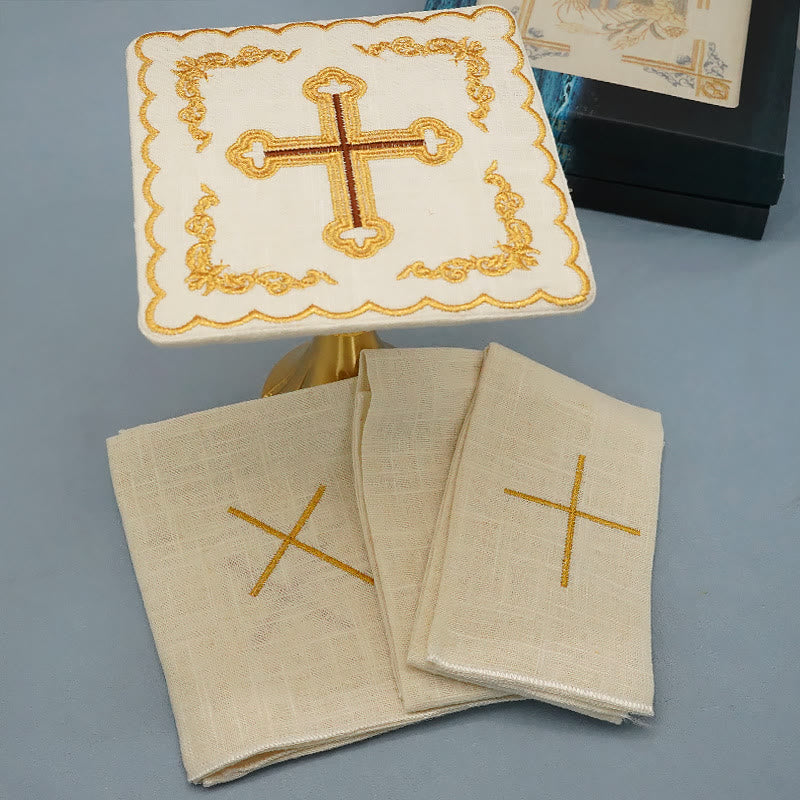 Christianartworkshop Classic Style Golden Cross Embroidered  Elegant Religious Altar Linen Set