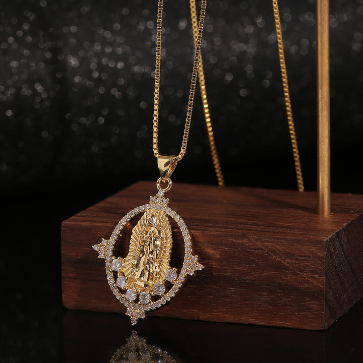 Christianartworkshop Luxury Style Our Lady of Guadalupe Gemstones Pendant Necklace