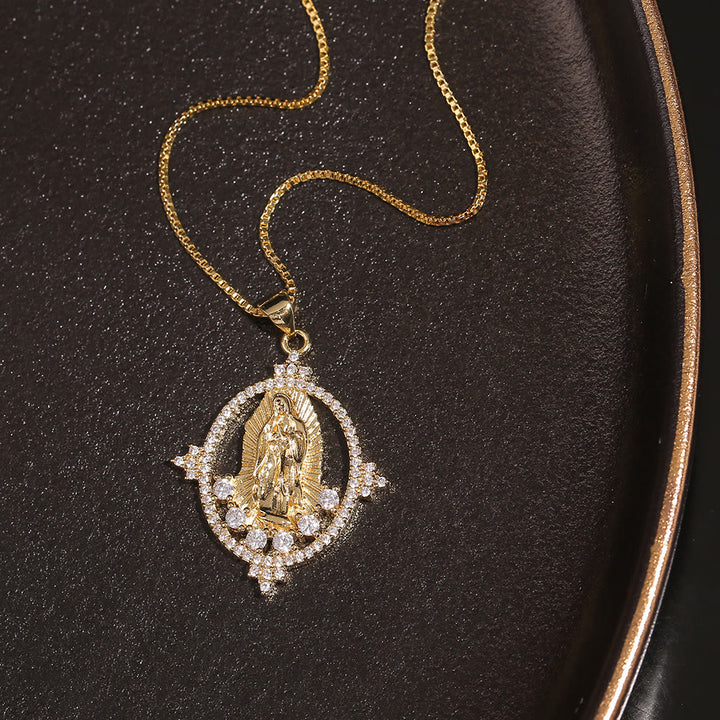 Christianartworkshop Luxury Style Our Lady of Guadalupe Gemstones Pendant Necklace