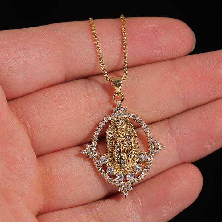 Christianartworkshop Luxury Style Our Lady of Guadalupe Gemstones Pendant Necklace
