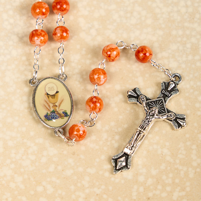 Christianartworkshop Holy Communion & Crucifix of 8 mm Round Orange Glass Alloy Chain Rosary
