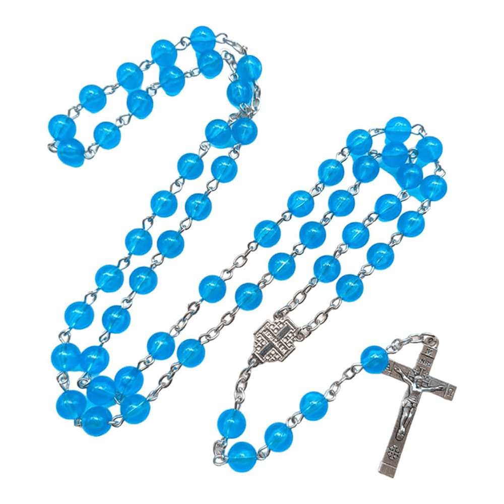 Jerusalem Medal & Crucifix 8mm Blue Acrylic Rosary – Five-Decade