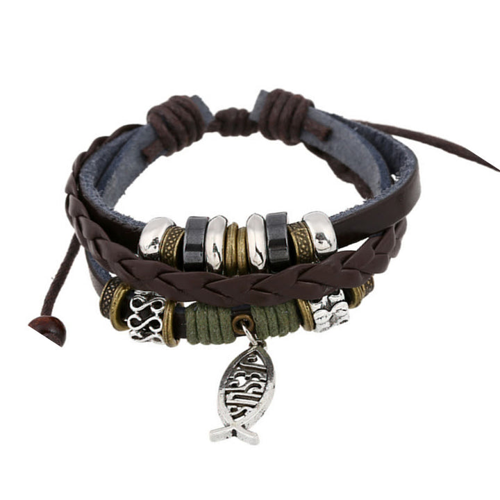 Christianartworkshop Retro Jesus Fish Adjustable Leather Cord Bracelet