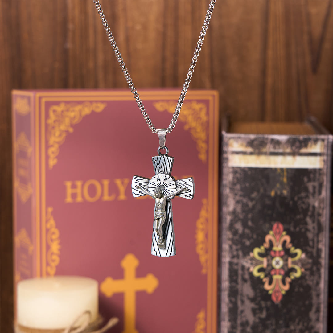 Christianartworkshop Retro Style Tree Pattern Jesus Cross Titanium Steel Pendant Necklace