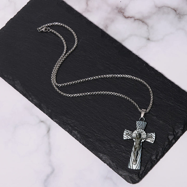 Christianartworkshop Retro Style Tree Pattern Jesus Cross Titanium Steel Pendant Necklace