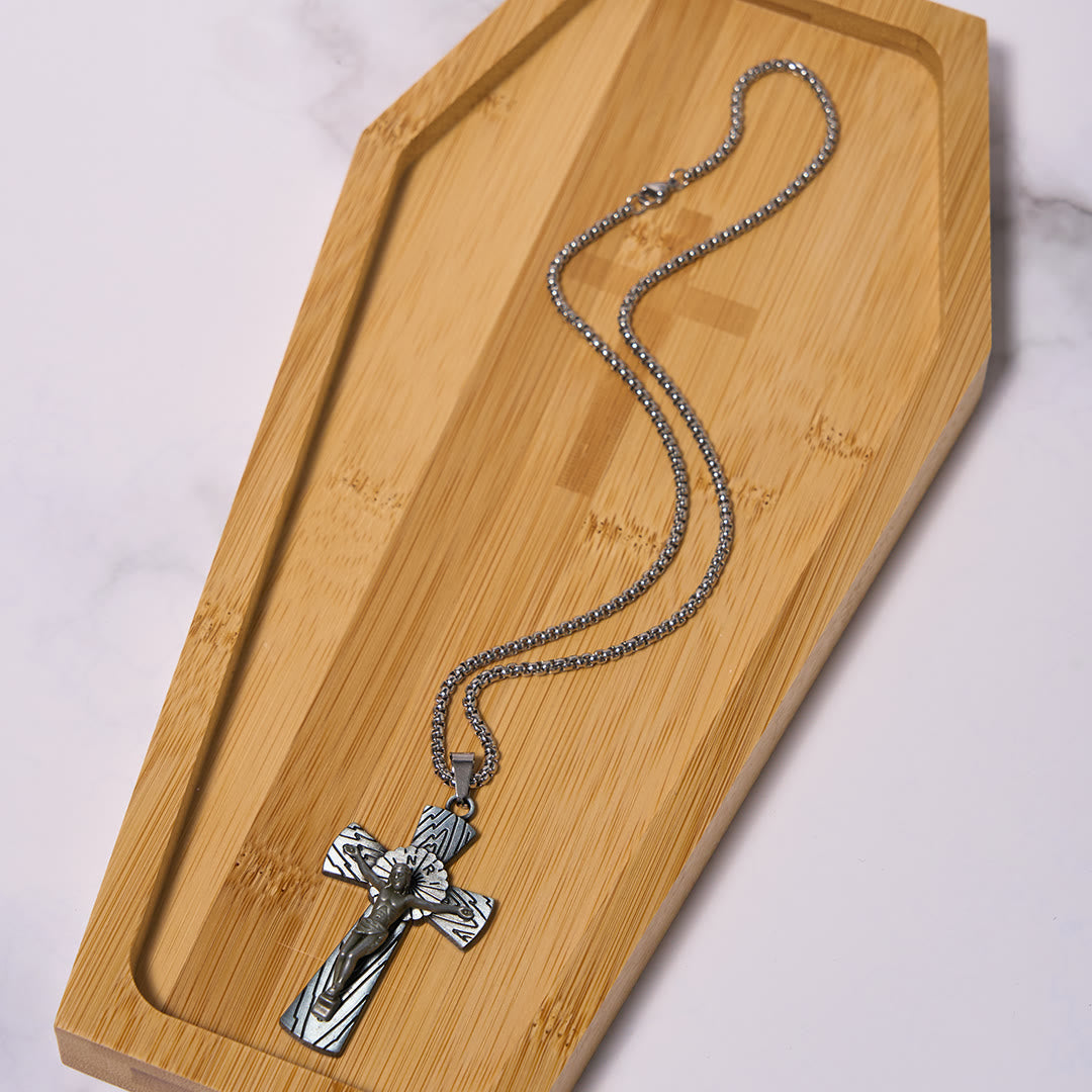 Christianartworkshop Retro Style Tree Pattern Jesus Cross Titanium Steel Pendant Necklace