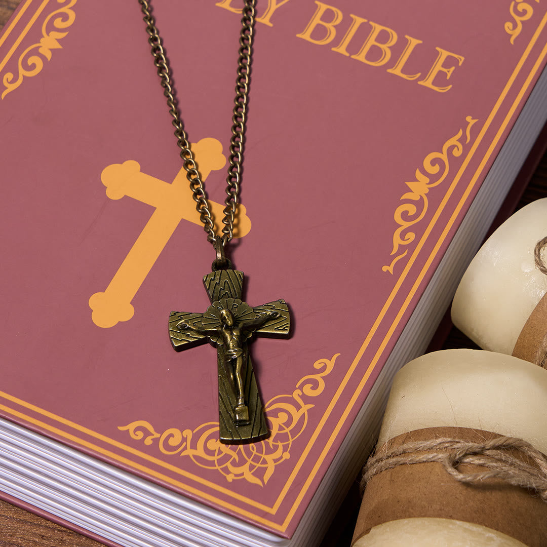 Christianartworkshop Retro Style Tree Pattern Jesus Cross Titanium Steel Pendant Necklace