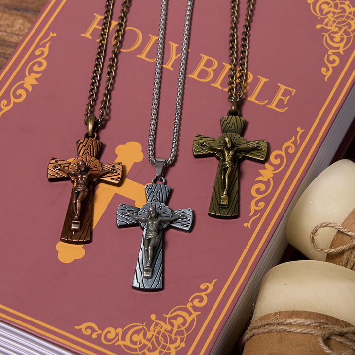 Christianartworkshop Retro Style Tree Pattern Jesus Cross Titanium Steel Pendant Necklace