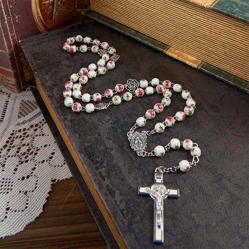 Pink Floral Ceramic Rosary with Miraculous Medal & Crucifix — 8mm