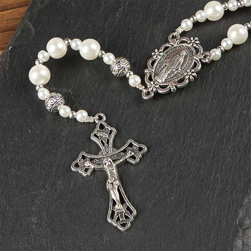 Christianartworkshop Miraculous Medal & Crucifix of 4mm White  Pearl Ball Prayer Beads Rosary