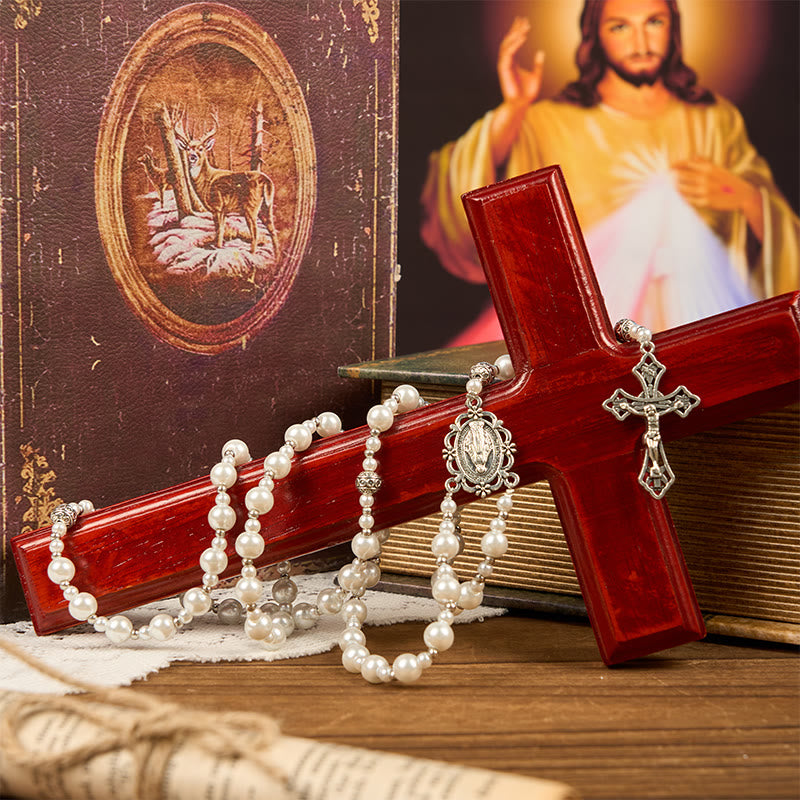 Christianartworkshop Miraculous Medal & Crucifix of 4mm White  Pearl Ball Prayer Beads Rosary