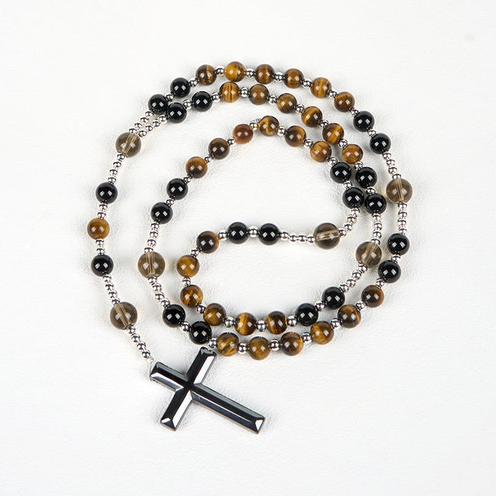 FREE Today: Natural Obsidian Tiger's Eye Rosary Necklace - Hematite Stone Cross Protection Rosary