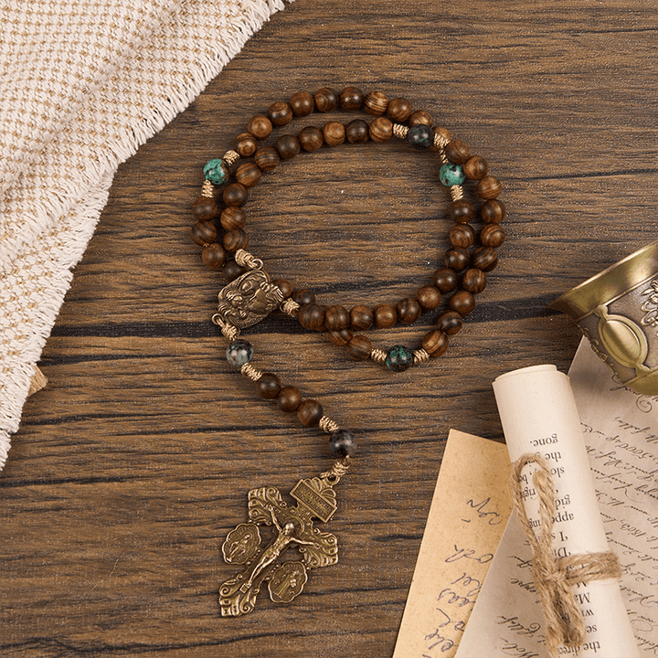 FREE Today: Holy Family & Crucifix of 8mm Handmade Pine Wood & African Turquoise Rosary - image 3