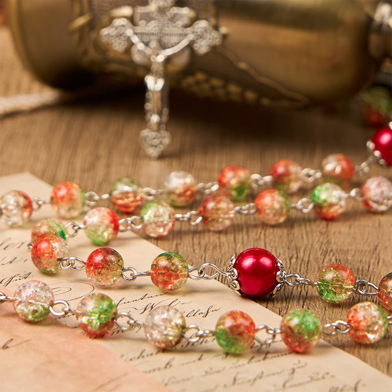 Christianartworkshop Jesus Heart & Marry Medal of 8mm Orange-green Glass Round Beads Rosary