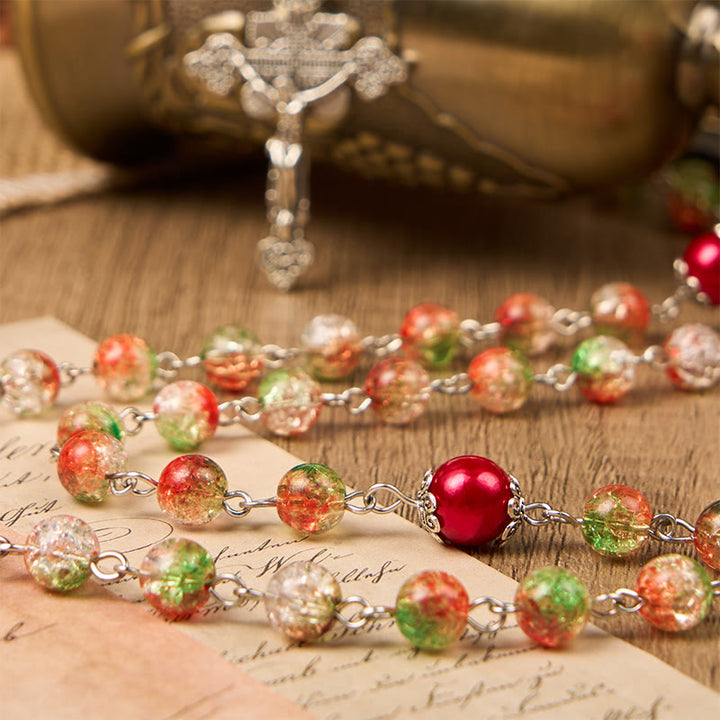 Christianartworkshop Jesus Heart & Marry Medal of 8mm Orange-green Glass Round Beads Rosary