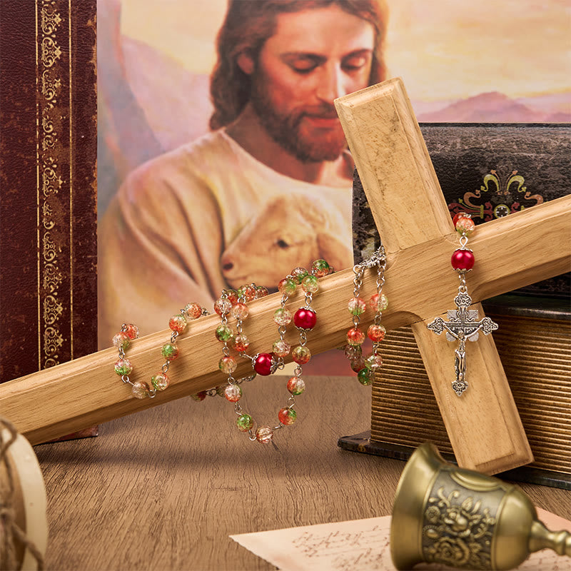 Christianartworkshop Jesus Heart & Marry Medal of 8mm Orange-green Glass Round Beads Rosary