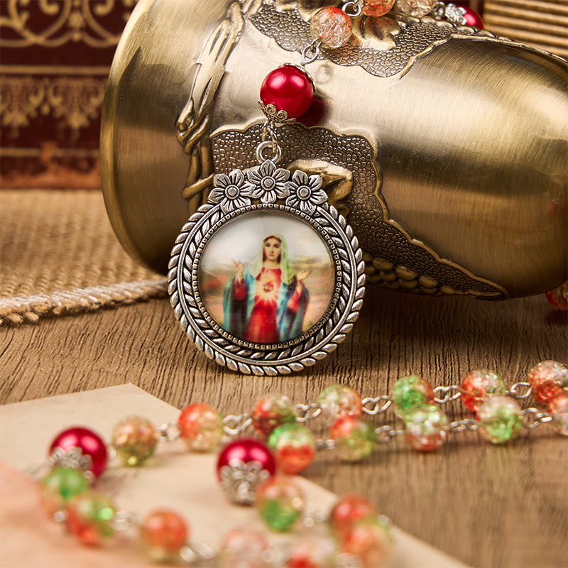 Christianartworkshop Jesus Heart & Marry Medal of 8mm Orange-green Glass Round Beads Rosary