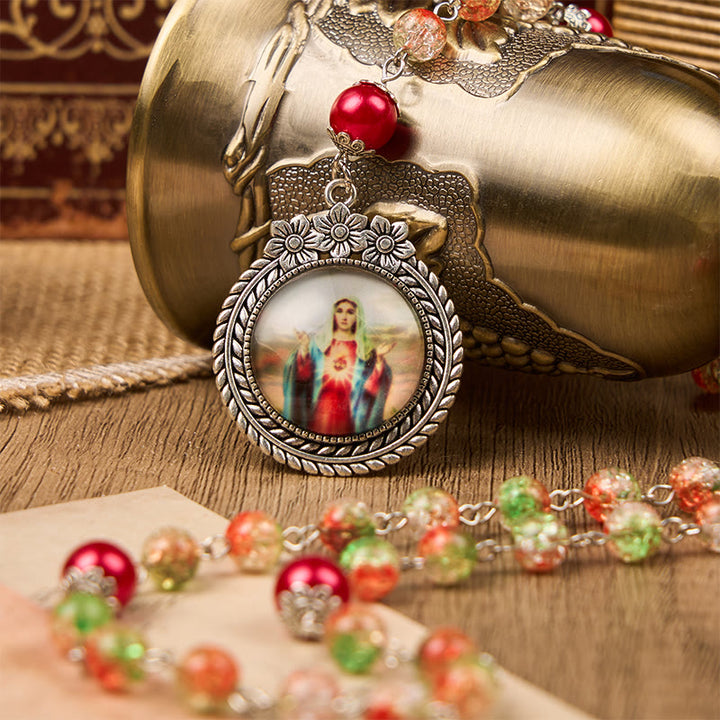 Christianartworkshop Jesus Heart & Marry Medal of 8mm Orange-green Glass Round Beads Rosary