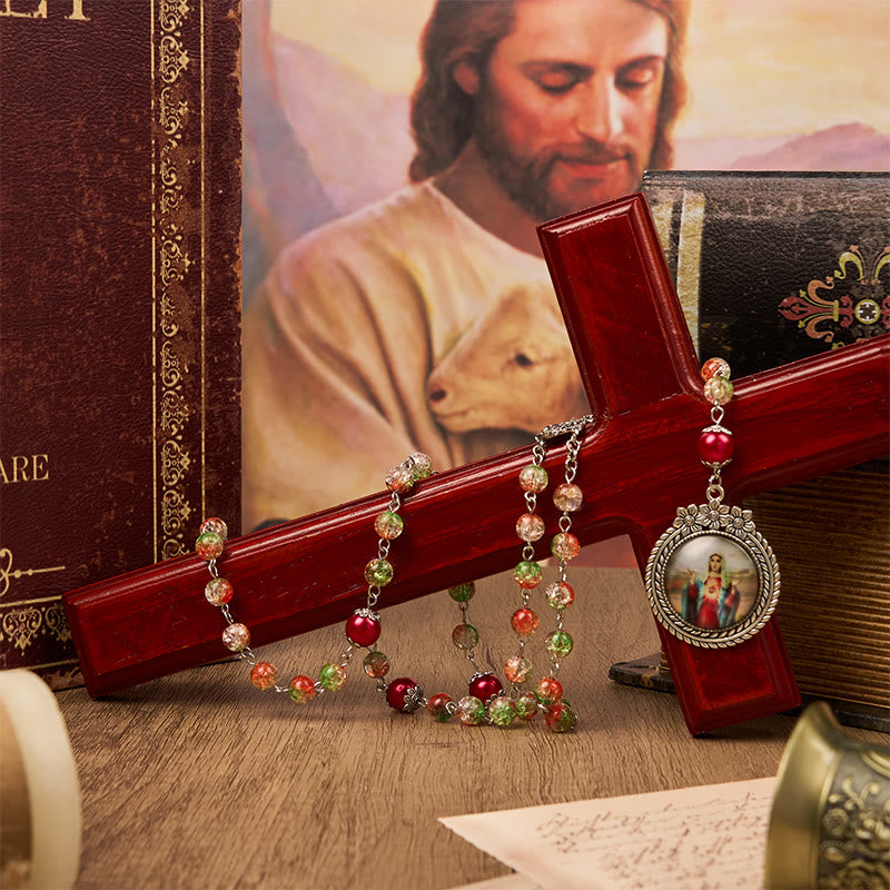 Christianartworkshop Jesus Heart & Marry Medal of 8mm Orange-green Glass Round Beads Rosary