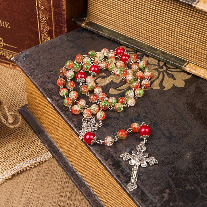 Christianartworkshop Jesus Heart & Marry Medal of 8mm Orange-green Glass Round Beads Rosary