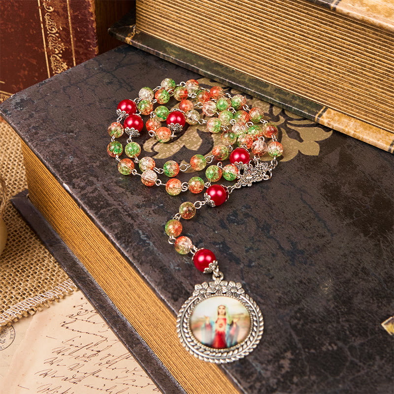 Christianartworkshop Jesus Heart & Marry Medal of 8mm Orange-green Glass Round Beads Rosary