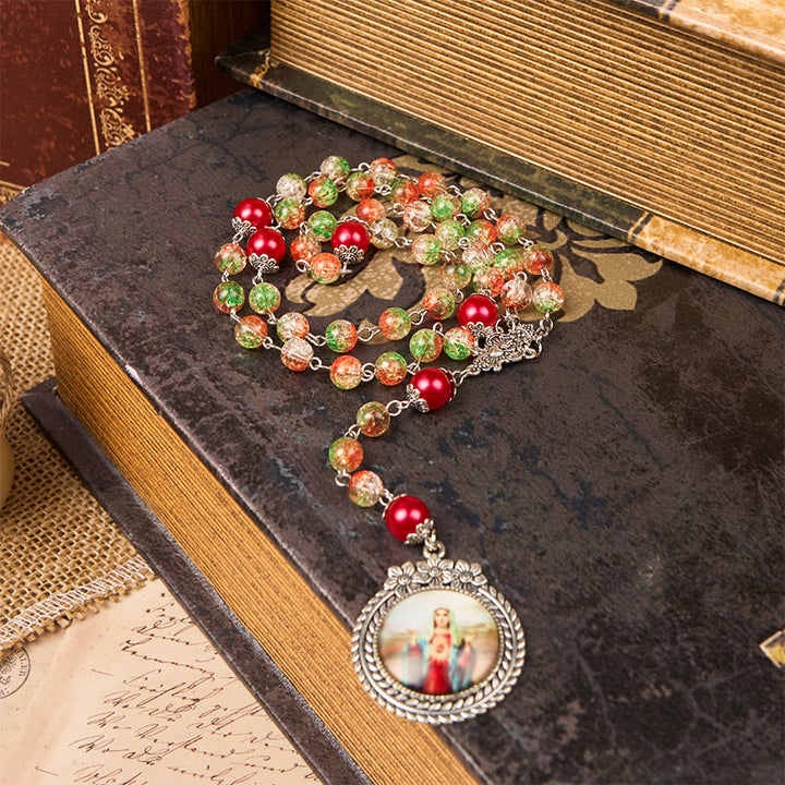 Christianartworkshop Jesus Heart & Marry Medal of 8mm Orange-green Glass Round Beads Rosary