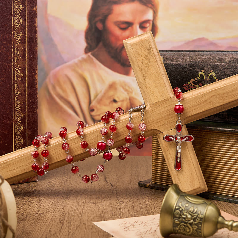 Christianartworkshop Virgin Marry & Crucifix of 8mm Red Glass Round Beads Rosary