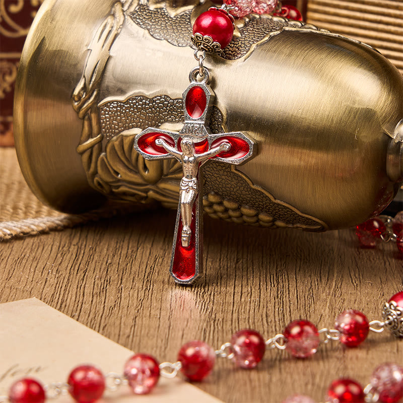 Christianartworkshop Virgin Marry & Crucifix of 8mm Red Glass Round Beads Rosary