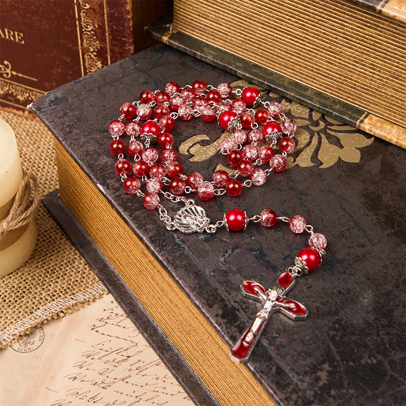 Christianartworkshop Virgin Marry & Crucifix of 8mm Red Glass Round Beads Rosary