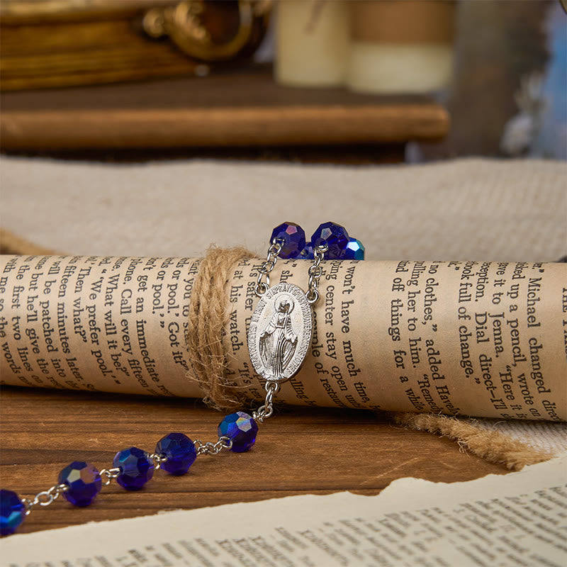 Christianartworkshop Miraculous Medal & Crucifix of 8mm Blue Sparkle Glass Round Beads Rosary