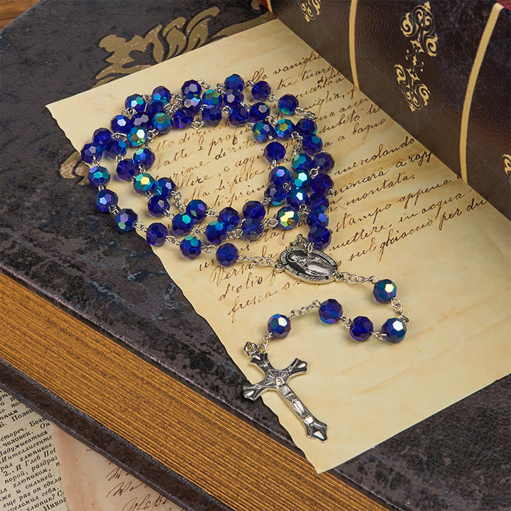 Christianartworkshop Miraculous Medal & Crucifix of 8mm Blue Sparkle Glass Round Beads Rosary