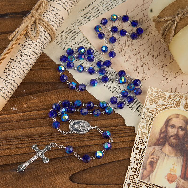 Christianartworkshop Miraculous Medal & Crucifix of 8mm Blue Sparkle Glass Round Beads Rosary