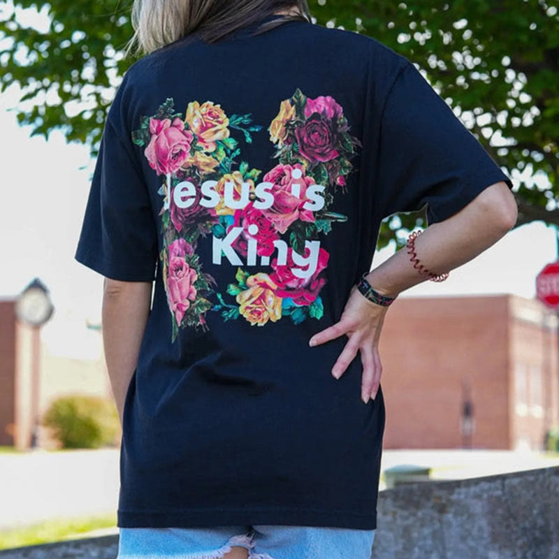 Christianartworkshop Floral Embellished Jesus is King Christian T-Shirt