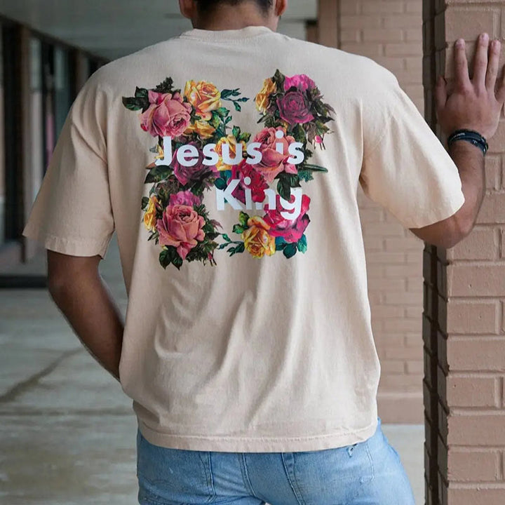 Christianartworkshop Floral Embellished Jesus is King Christian T-Shirt