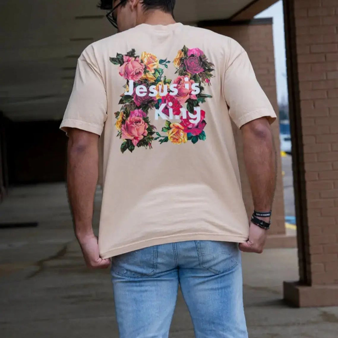 Christianartworkshop Floral Embellished Jesus is King Christian T-Shirt