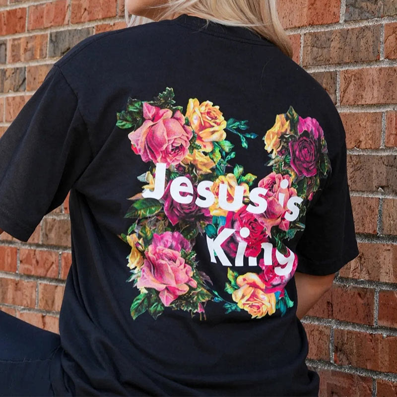 Christianartworkshop Floral Embellished Jesus is King Christian T-Shirt