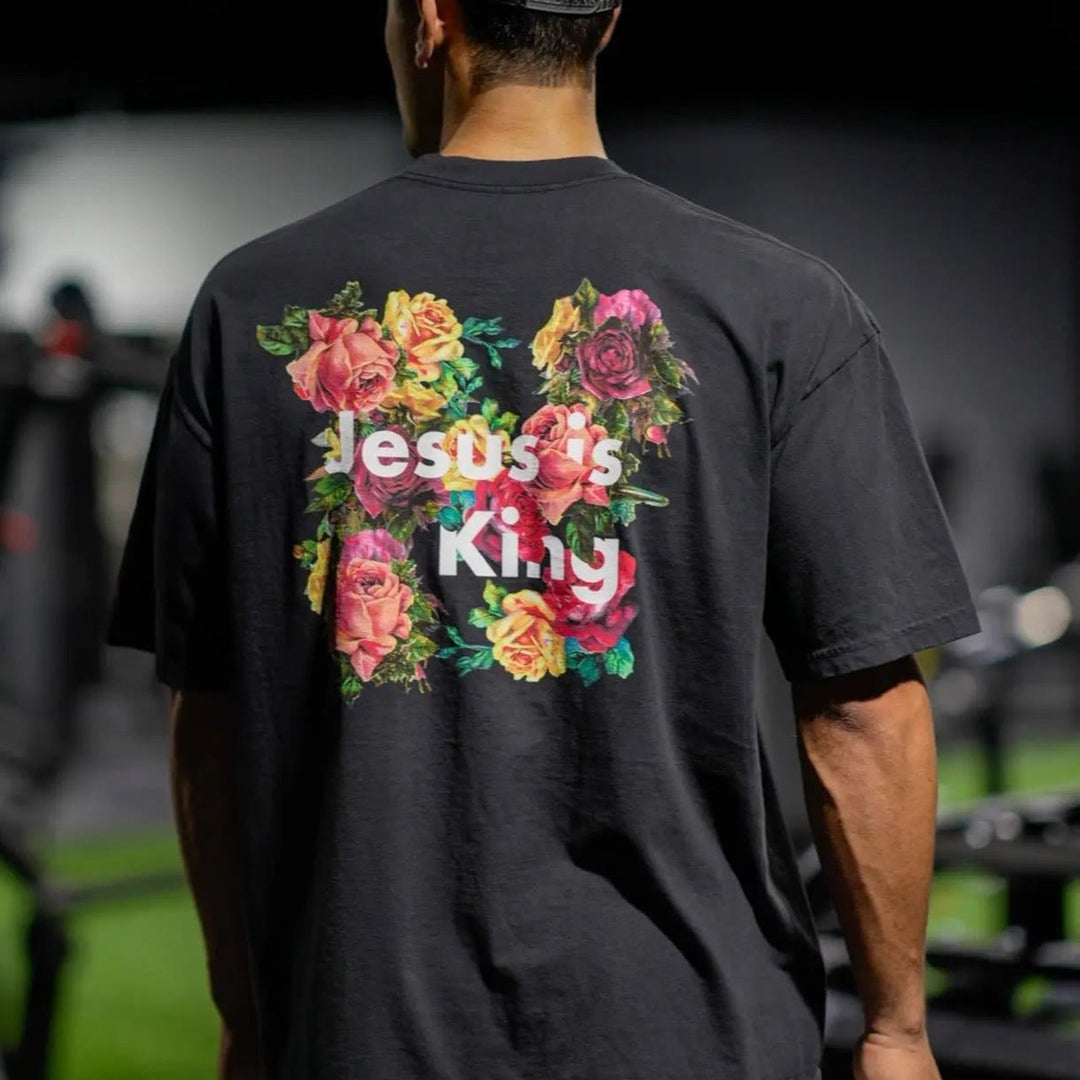 Christianartworkshop Floral Embellished Jesus is King Christian T-Shirt