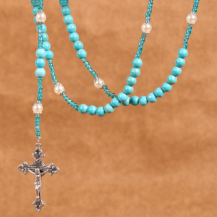 Christianartworkshop Our Lady Medal & Crucifix of 8mm Blue Turquoise Round Beads Rosary