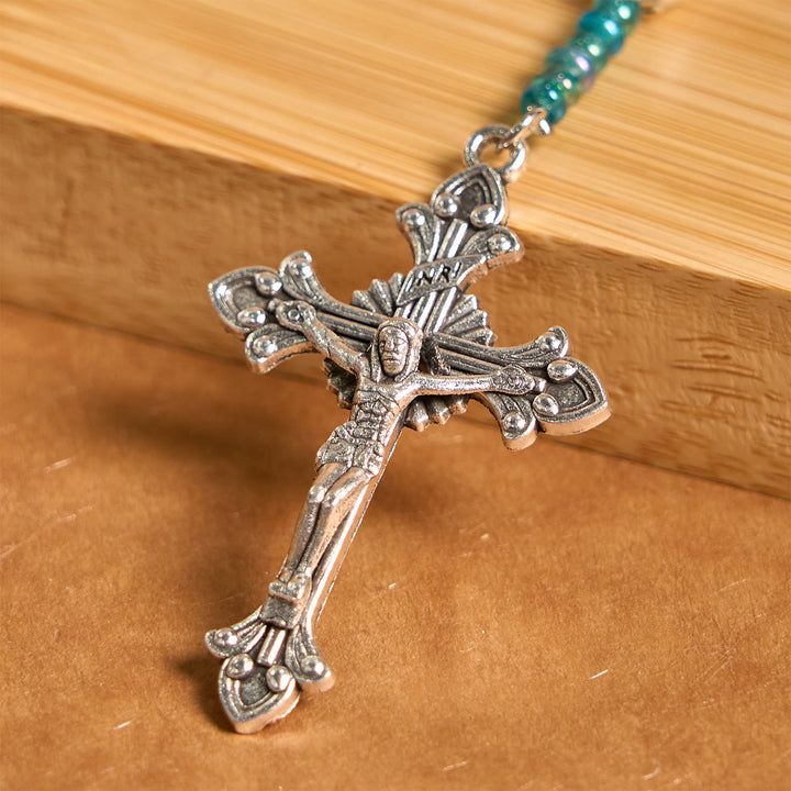 Christianartworkshop Our Lady Medal & Crucifix of 8mm Blue Turquoise Round Beads Rosary