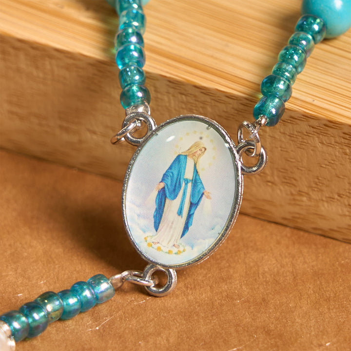 Christianartworkshop Our Lady Medal & Crucifix of 8mm Blue Turquoise Round Beads Rosary