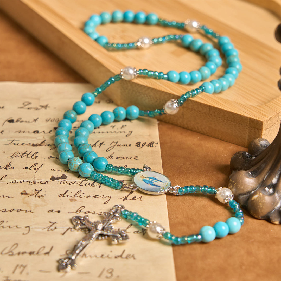 Christianartworkshop Our Lady Medal & Crucifix of 8mm Blue Turquoise Round Beads Rosary