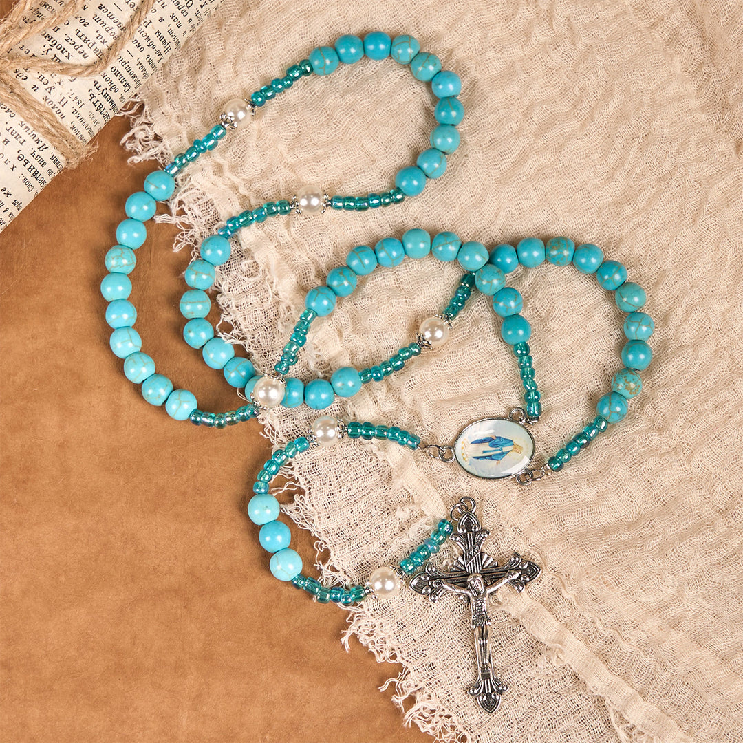 Christianartworkshop Our Lady Medal & Crucifix of 8mm Blue Turquoise Round Beads Rosary