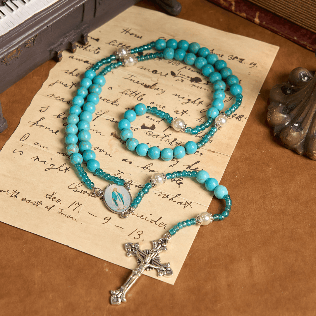 Christianartworkshop Our Lady Medal & Crucifix of 8mm Blue Turquoise Round Beads Rosary