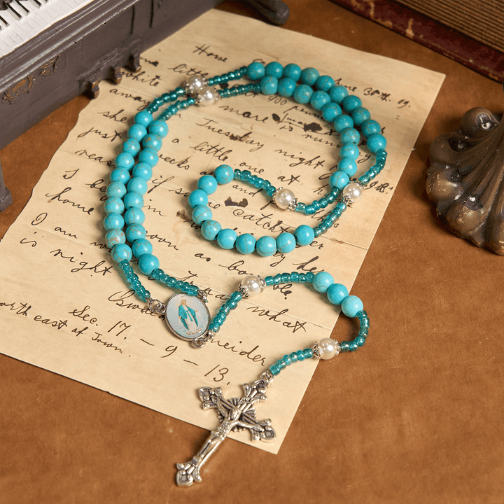Christianartworkshop Our Lady Medal & Crucifix of 8mm Blue Turquoise Round Beads Rosary