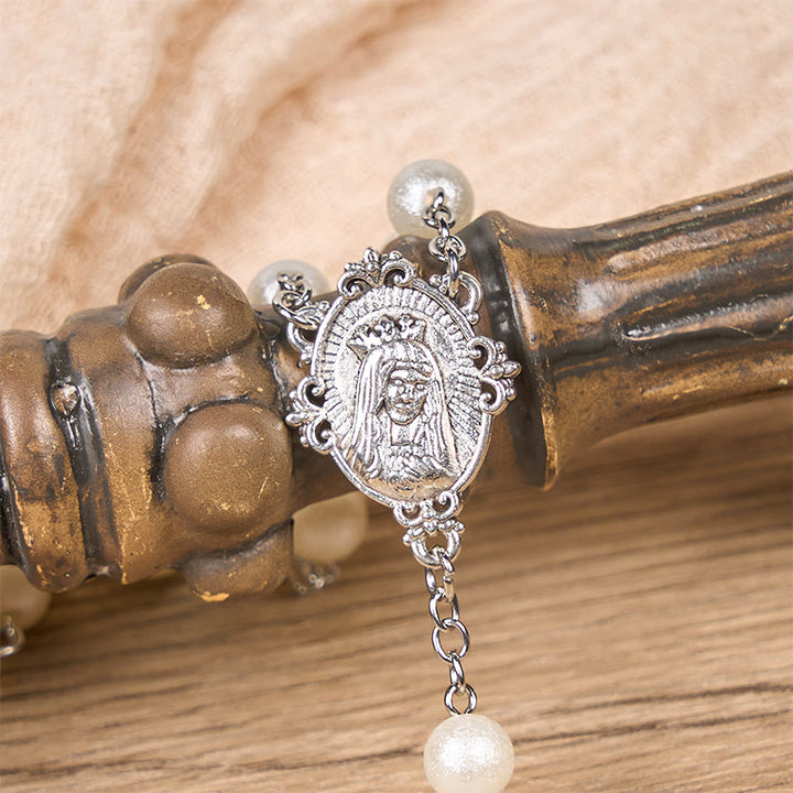 Christianartworkshop Our Lady Medal & Crucifix of 8mm White Acrylic Round Beads Rosary