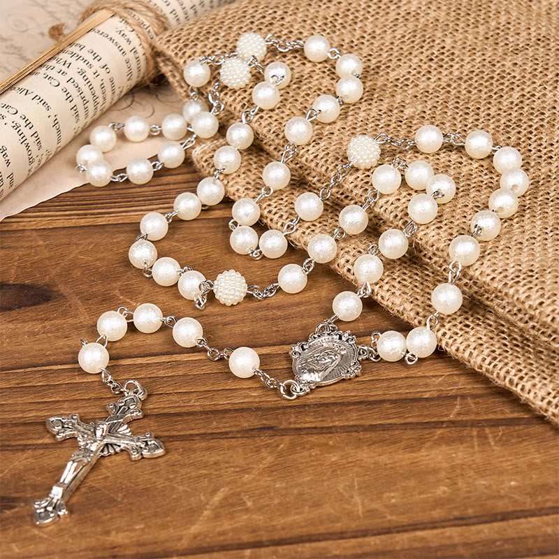 Christianartworkshop Our Lady Medal & Crucifix of 8mm White Acrylic Round Beads Rosary