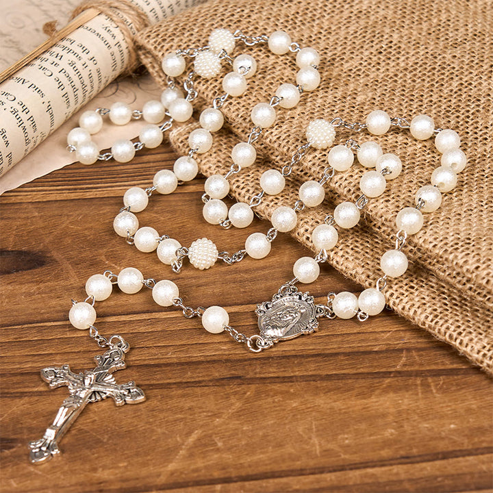 Christianartworkshop Our Lady Medal & Crucifix of 8mm White Acrylic Round Beads Rosary